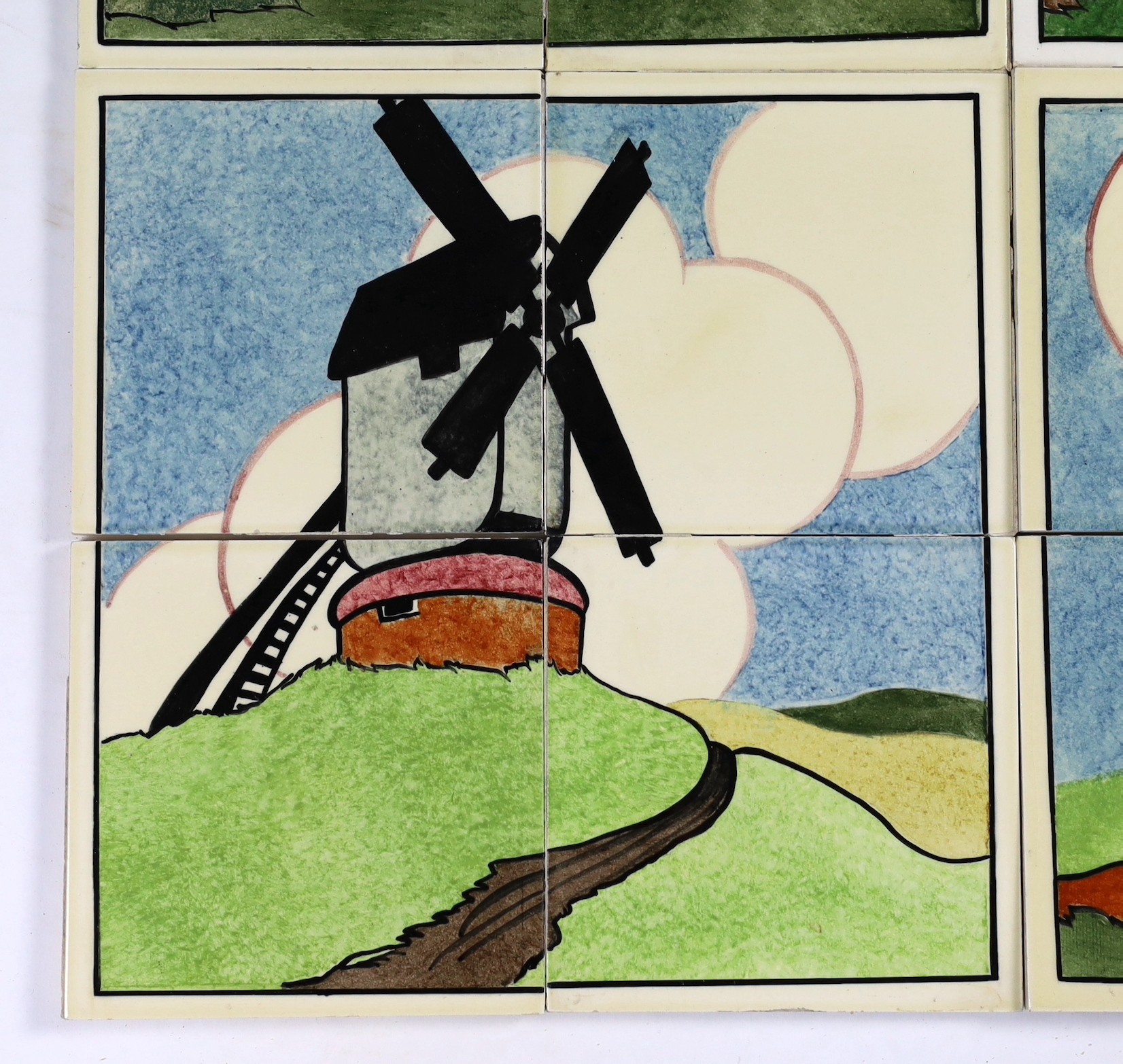 E.E. Strickland for Carter & Co, Poole pottery, six sets of four tile panels of animals and farm scenes, each tile 15.2cm (6in.) square and each set of four tiles 61cm square, minor faults